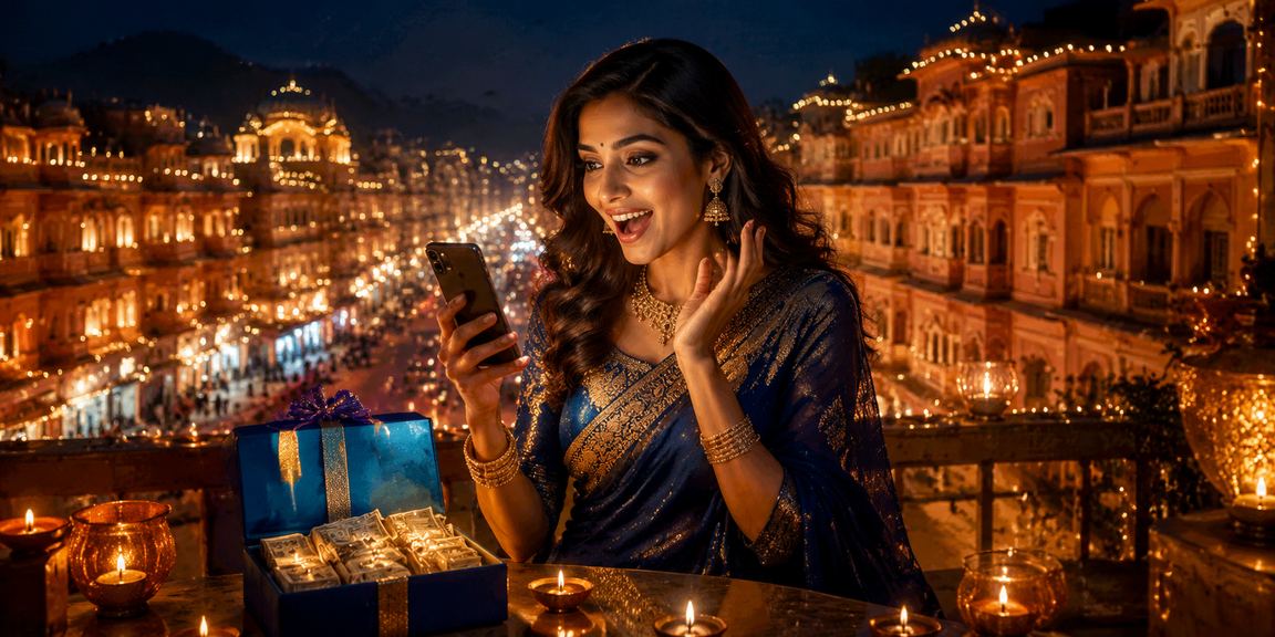 Mobile casino app shown against Diwali festival lights in Jaipur, India